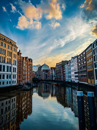 Canal amidst buildings against sky during sunset