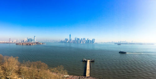 Scenic view of river against blue sky