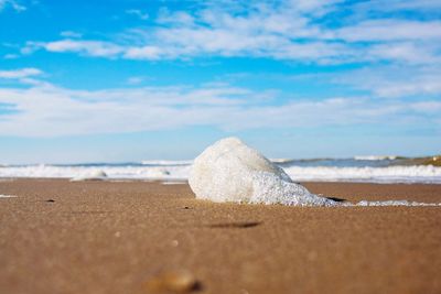 Surface level of sand on beach against sky