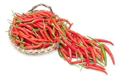 Close-up of red chili peppers against white background