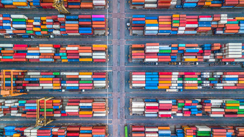 High angle view of container ship at commercial dock