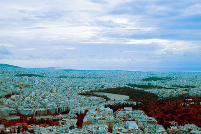 High angle view of buildings against sky