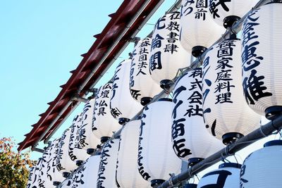 Low angle view of decoration hanging against building against clear sky
