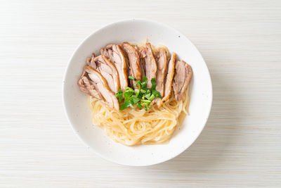 High angle view of food in plate on table