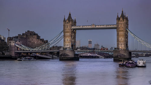 Bridge over river with city in background