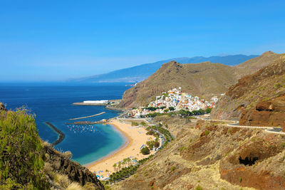 High angle view of sea against clear blue sky