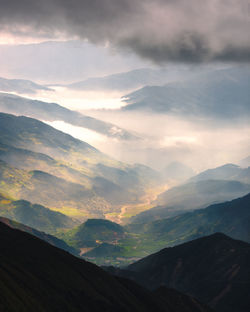 Scenic view of mountains against sky during sunset