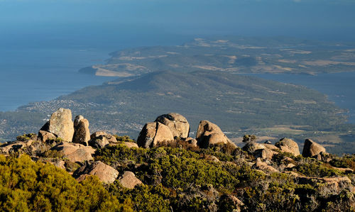 Scenic view of rocks and sea against sky