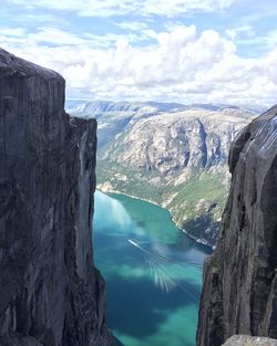 Scenic view of river amidst mountains against sky