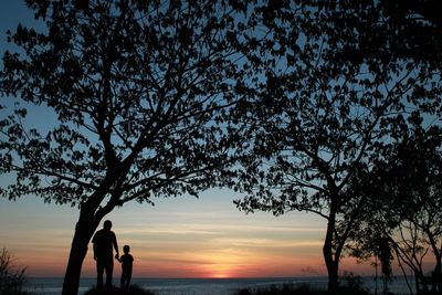Father and son standing under silhouette tree at shore during sunset