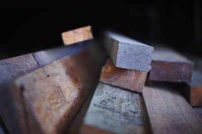 High angle view of old machine on wooden table