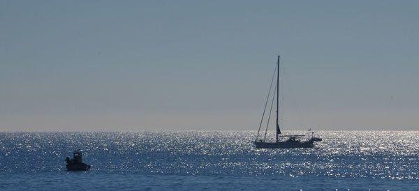 Sailboat sailing on sea against clear sky