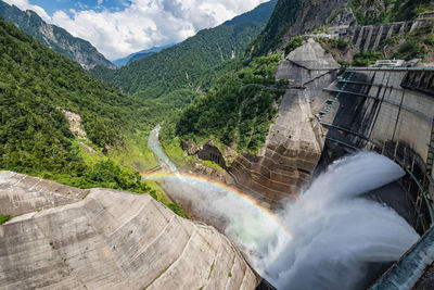 Scenic view of waterfall against mountains