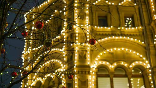 Low angle view of illuminated christmas tree at night