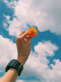Low angle view of woman holding flower against sky