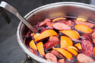 Close-up of meat in cooking pan