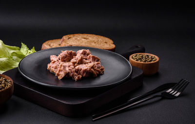 High angle view of food in plate on table