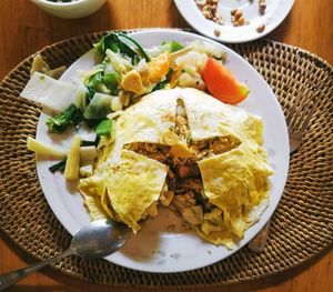 High angle view of breakfast served on table