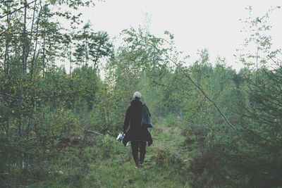 Rear view of woman walking in forest