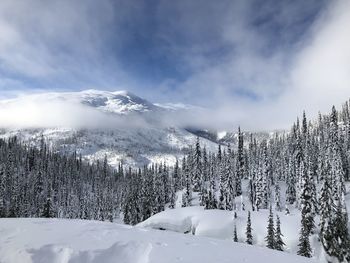 Snow covered landscape against sky