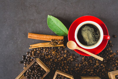 High angle view of coffee beans on table