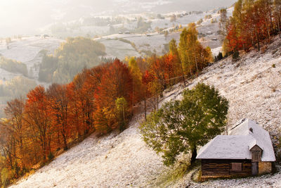 Scenic view of snow covered land during autumn