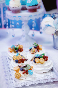 High angle view of cupcakes on table