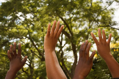 Cropped image of hand against trees