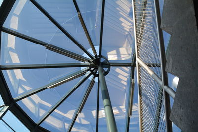 Low angle view of skylight seen through building