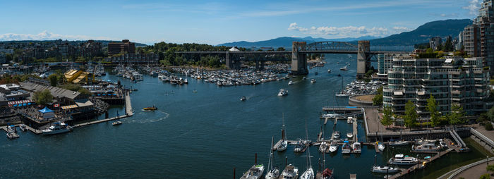 High angle view of boats in harbor