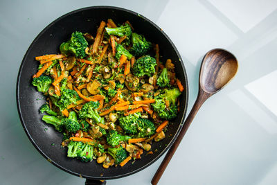 High angle view of vegetables in cooking pan