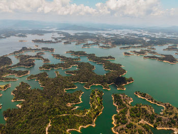 Aerial drone photo of guatape lakes and maze-like shorelines near medellin colombia.