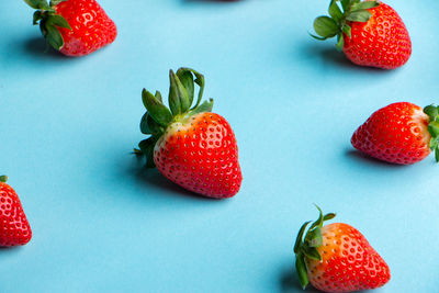 High angle view of strawberries on table