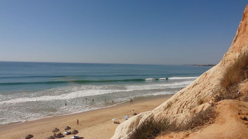 Scenic view of sea against clear blue sky