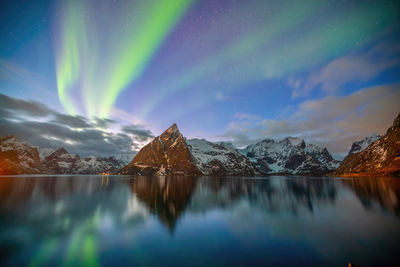 Scenic view of lake against sky at night