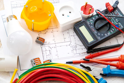 High angle view of work tools on table