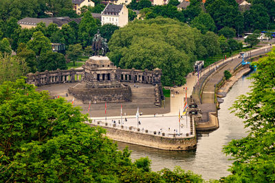 View on koblenz and deutsches eck. where the rhine and mosel rivers meet.