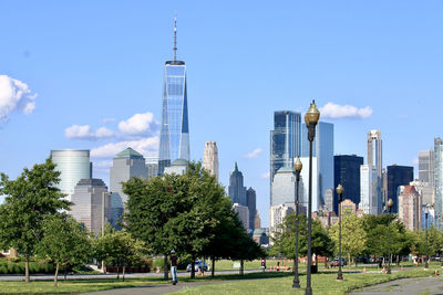 The manhattan skyline as viewed from across the hudson river, liberty state park.