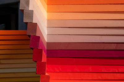 Close-up of multi colored pencils on staircase