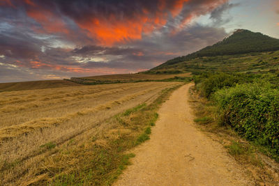 Scenic view of road amidst field against sky during sunset