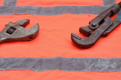 High angle view of rusty metal work tools