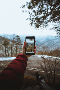 Hand holding smart phone against snow covered landscape