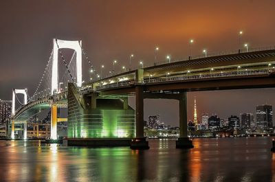 Suspension bridge over river at night