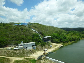 Scenic view of river by landscape against sky