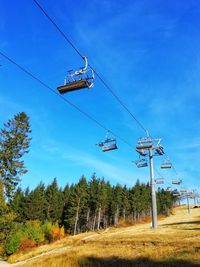 Low angle view of overhead cable car against sky