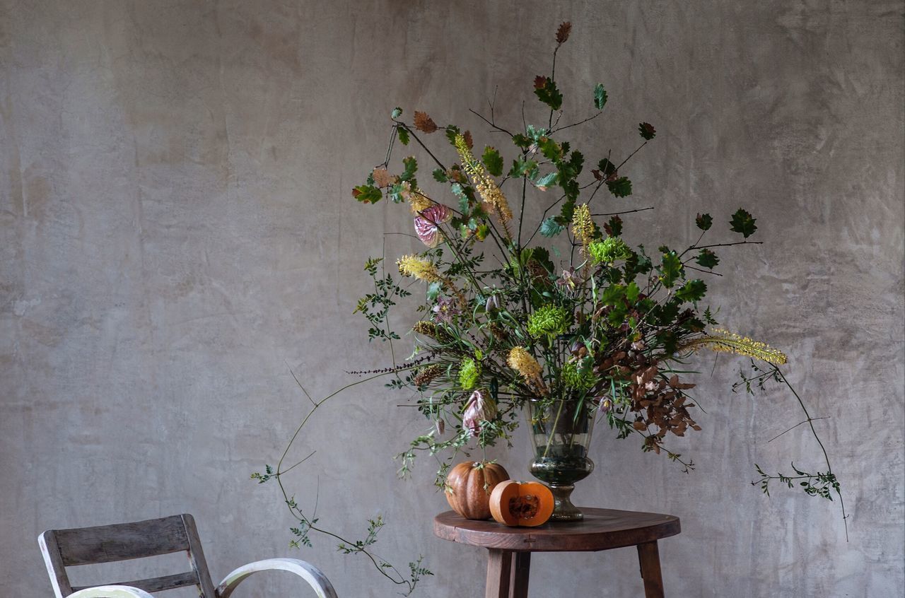 FLOWER POT ON TABLE AGAINST WALL