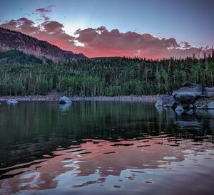 Scenic view of lake against sky during sunset