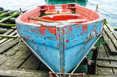 High angle view of boat moored in water