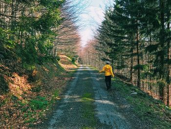 Rear view of woman walking on road in forest