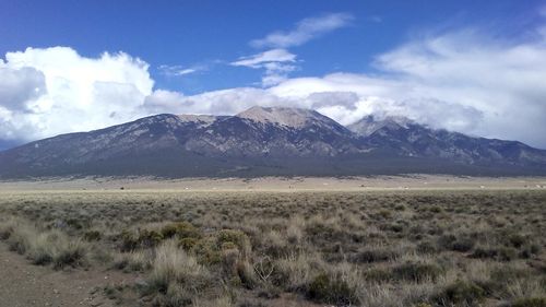 Scenic view of landscape and mountains against sky